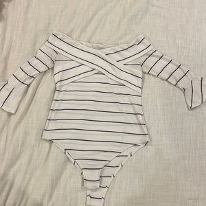 White and black striped off the shoulder SHEIN bodysuit. Size L.